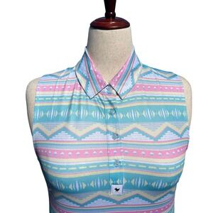 Bad Birdie Womens Sleeveless Golf Polo Shirt XL Teal Pink Geometric Southwestern